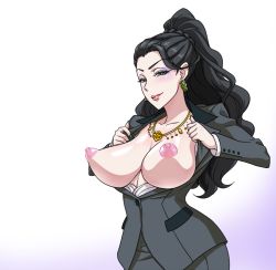 Rule 34 | 10s, 1girl, black hair, breasts, earrings, executive mishiro, gradient background, green eyes, hair slicked back, huge breasts, idolmaster, idolmaster cinderella girls, jewelry, long hair, looking at viewer, nail polish, necklace, nipples, numahana, perky breasts, purple background, smile, solo, white background