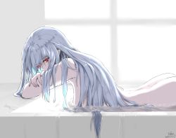 Rule 34 | 1girl, absurdres, arknights, artist name, ass, commentary request, dated, hhy, highres, long hair, looking at viewer, no headwear, nude, partially submerged, red eyes, signature, silver hair, skadi (arknights), solo, water