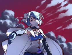 Rule 34 | 1girl, armor, bandaged head, bandages, blue gloves, blue hair, blue skirt, bow, breastplate, cape, cloud, cloudy sky, commentary, detached collar, doul gem, dusk, elbow gloves, english commentary, fortissimo, gloamy, gloves, hair bow, hair ornament, hair over one eye, looking at viewer, magical girl, mahou shoujo madoka magica, mahou shoujo madoka magica: walpurgis no kaiten, miki sayaka, miki sayaka (magical girl), musical note, musical note hair ornament, one eye covered, red sky, short hair, skirt, sky, solo, standing, white bow, white cape