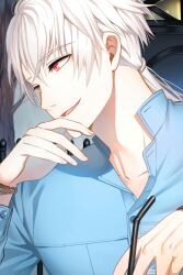 Rule 34 | 1boy, bracelet, buttons, cheritz, collared shirt, drinking straw, fingernails, hair tie, hand on own chin, highres, jewelry, long hair, long sleeves, low ponytail, male focus, official art, open mouth, red eyes, shirt, solo, susanghan messenger, third-party source, white hair, zen (susanghan messenger)