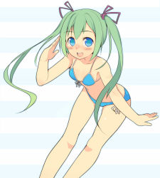 Rule 34 | 1girl, :d, bikini, blue eyes, blush, breasts, female focus, front-tie top, green hair, highres, leaning forward, long hair, looking at viewer, open mouth, original, oza watto, salute, side-tie bikini bottom, smile, solo, standing, swimsuit, twintails