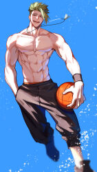 Rule 34 | 1boy, absurdres, achilles (fate), ball, basketball (object), black footwear, black pants, black wristband, blue background, collarbone, dog tags, fate/grand order, fate (series), fingernails, green hair, hand in pocket, haruakira, highres, holding, holding ball, male focus, male underwear, male underwear peek, muscular, muscular male, navel, orange male underwear, pants, red eyes, running, short hair, solo, teeth, topless male, undercut, underwear