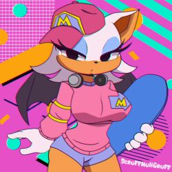 1girl animated bouncing_breasts breasts clothes_lift hat headphones headphones_around_neck large_breasts looking_at_viewer nipples rouge_the_bat scruffmuhgruff sega shirt_lift short_shorts shorts skateboard solo sonic_(series)