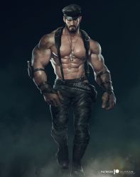 Rule 34 | abs, absurdres, bara, black male underwear, camouflage, copyright request, facial hair, highres, large pectorals, leather, looking at viewer, male focus, male underwear, muscular, muscular male, nipples, original, pectorals, silverjow, solo, topless male, underwear, watermark, web address