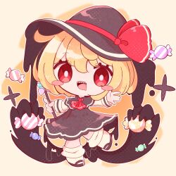 Rule 34 | 1girl, absurdres, blonde hair, bow, candy, food, halloween costume, hat, hat bow, highres, holding, inukkomaru, open mouth, red eyes, rumia, sharp teeth, solo, star (symbol), teeth, touhou, upper teeth only