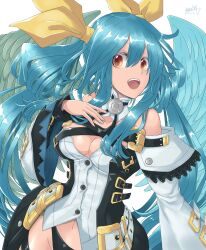 Rule 34 | 1girl, angel wings, arc system works, asymmetrical wings, bare shoulders, belt, black panties, black thighhighs, breasts, choker, cleavage, clothing cutout, collarbone, dated, detached collar, dizzy (guilty gear), feathered wings, gluteal fold, guilty gear, guilty gear xrd, hair between eyes, hair ribbon, hair rings, highres, large breasts, long hair, looking at viewer, mariebell, monster girl, off shoulder, panties, red eyes, ribbon, sidelocks, signature, skindentation, smile, solo, star-shaped pupils, star (symbol), symbol-shaped pupils, tail, thick thighs, thigh gap, thigh strap, thighhighs, thighs, twintails, underwear, wide sleeves, wings, yellow ribbon