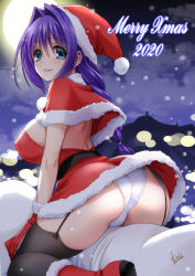 Rule 34 | 1girl, ass, blue eyes, blush, boots, braid, breasts, christmas, cloud, covered erect nipples, dated, dress, fur-trimmed dress, fur-trimmed headwear, fur trim, garter belt, garter straps, gloves, hair intakes, hair over shoulder, hat, hill, kanon, large breasts, long hair, looking at viewer, looking back, mature female, merry christmas, minase akiko, mitarashi kousei, moon, panties, purple hair, red gloves, santa boots, santa costume, santa hat, signature, single braid, snow, solo, straddling, strapless, strapless dress, thighhighs, underwear, white panties