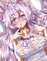 Rule 34 | 1girl, animal ears, blush, breasts, covered erect nipples, highres, large breasts, looking at viewer, lying, messy hair, on back, puffy sleeves, purple eyes, purple hair, rabbit ears, reisen udongein inaba, see-through, shirt, short sleeves, solo, touhou, zan (harukahime)