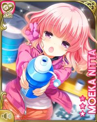 Rule 34 | 1girl, bottle, bow, character name, cup, girlfriend (kari), holding, jacket, looking at viewer, nitta moeka, official art, open mouth, outdoors, pink bow, pink hair, purple eyes, purple jacket, qp:flapper, short hair, shorts, sitting, smile, solo, table, tagme, thighhighs, water bottle, wind