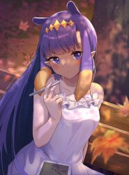 Rule 34 | 1girl, :&lt;, absurdres, autumn leaves, bare shoulders, bench, blue eyes, breasts, commentary, commentary request, drawing tablet, dress, english text, gradient hair, heart, highres, hololive, hololive english, leaf, long hair, looking at viewer, mole, mole under eye, multicolored hair, ninomae ina&#039;nis, orange hair, outdoors, pointy ears, purple hair, sidelocks, small breasts, solo, straight hair, stylus, sundress, takodachi (ninomae ina&#039;nis), tentacle hair, tree, very long hair, virtual youtuber, yuika nia