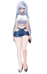 Rule 34 | 1girl, absurdres, alternate costume, belly, blue eyes, blush, breasts, casual, cellphone, genshin impact, hair between eyes, hair over one eye, highres, large breasts, long hair, looking at viewer, navel, nicorima, phone, shenhe (genshin impact), shirt, shoes, shorts, smartphone, solo, t-shirt, thighs, white background, white hair, white shirt
