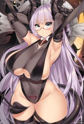 Rule 34 | 1girl, armpits, arms behind head, azur lane, black gloves, blue eyes, bow, bowtie, breasts, cameltoe, cleavage, cleft of venus, clothing cutout, covered navel, cowboy shot, demon tail, elbow gloves, glasses, gloves, gneisenau (azur lane), gneisenau (nightmarish succubus) (azur lane), highres, horns, huge breasts, kanachirou, leotard, long hair, looking at viewer, pubic tattoo, purple hair, pussy, red-framed eyewear, see-through, skeleton, skindentation, solo, tail, tattoo, thick thighs, thighhighs, thighs, twitter username, underboob cutout, very long hair, white bow, white bowtie
