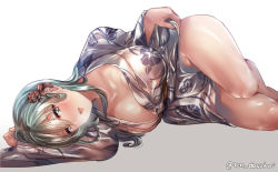Rule 34 | 1girl, aqua eyes, aqua hair, bad id, bad pixiv id, blush, breasts, floral print, flower, gradient background, hair between eyes, hair flower, hair ornament, hairclip, japanese clothes, juurouta, kantai collection, kimono, large breasts, long hair, looking at viewer, lying, no bra, no panties, on side, open mouth, smile, solo, suzuya (kancolle), twitter username, yukata