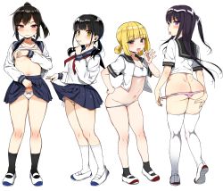 Rule 34 | 4girls, :d, absurdres, ass, black hair, black socks, blonde hair, blush, bra, breasts, clothes lift, covering privates, covering breasts, hand on own hip, highres, kneehighs, kuromoto-kun (rina masimaro), lifted by self, long hair, multiple girls, navel, open mouth, original, panties, pink panties, pleated skirt, purple eyes, school uniform, serafuku, shoes, short twintails, simple background, skirt, skirt lift, smile, socks, thighhighs, tongue, tongue out, twintails, underwear, uwabaki, white background, white bra, white legwear, white panties, yellow eyes