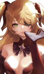 Rule 34 | 1girl, bare shoulders, biting, blonde hair, blush, bow, breasts, detached collar, dress, eyepatch, fischl (genshin impact), genshin impact, glove biting, gloves, green eyes, hair over one eye, hair ribbon, highres, long hair, looking at viewer, moth1, ribbon, small breasts, smile, solo, two side up