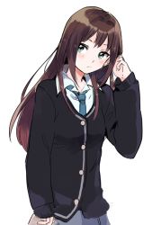 Rule 34 | 1girl, :/, aqua eyes, black sweater, blue necktie, blush, breasts, brown hair, buttons, closed mouth, collared shirt, frown, grey skirt, hair intakes, hand up, idolmaster, idolmaster cinderella girls, long hair, long sleeves, looking away, looking to the side, medu (rubish), necktie, pleated skirt, shibuya rin, shirt, simple background, skirt, sleeves past wrists, small breasts, solo, straight hair, sweater, white background, white shirt