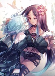 Rule 34 | 2girls, aoki lapis, artist name, black dress, blue hair, blurry, blurry background, brown eyes, brown hair, bug, butterfly, closed eyes, collarbone, commentary, crop top, dark skin, dress, facing another, flower, gem hair ornament, gradient hair, hair flower, hair ornament, hand on another&#039;s head, highres, holding hands, insect, leaning forward, leaning on person, long hair, looking at another, merli (vocaloid), mi no take, multicolored hair, multiple girls, open mouth, pendant choker, short hair, short shorts, shorts, siblings, sisters, smile, very long hair, vocaloid