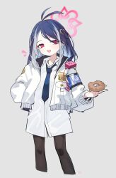 Rule 34 | 1girl, alternate hairstyle, antenna hair, black necktie, black pantyhose, blue archive, blue hair, blush, collared shirt, doughnut, feet out of frame, food, fubuki (blue archive), grey hair, hair ornament, halo, highres, holding, holding food, jacket, long hair, multicolored hair, necktie, open clothes, open jacket, open mouth, pantyhose, pink halo, red eyes, retri, shirt, signature, simple background, smile, solo, streaked hair, white background, white jacket, white shirt