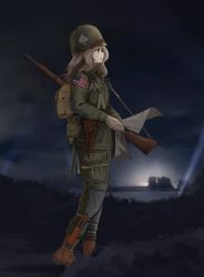 Rule 34 | 1girl, absurdres, american flag, ankle strap, backpack, bad id, bad pixiv id, bag, black sky, blonde hair, blue eyes, boots, brown footwear, canteen, carrying, chochohon, closed mouth, combat boots, commentary, dark, explosive, from side, girls und panzer, green headwear, green jacket, green pants, grenade, gun, helmet, highres, holster, horizon, jacket, kay (girls und panzer), knife sheath, knife sheath, long hair, long sleeves, m1 garand, military, military uniform, night, night sky, outdoors, pants, rifle, searchlight, sheath, sky, smile, solo, spade (shape), standing, uniform, united states army, weapon, world war ii