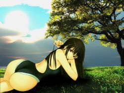 Rule 34 | 00s, 1girl, ass, black hair, brown eyes, competition swimsuit, day, grass, huge ass, long hair, lying, misaki shizuno, non-web source, one-piece swimsuit, sky, solo, sun, swimsuit, tony taka, tree, wallpaper, watermark, zegapain