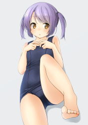 Rule 34 | 1girl, bare arms, bare legs, bare shoulders, barefoot, black one-piece swimsuit, blush, brown eyes, collarbone, commentary request, feet, grey background, highres, looking at viewer, lying, old school swimsuit, on back, one-piece swimsuit, original, own hands together, parted lips, purple hair, school swimsuit, shibacha, soles, solo, swimsuit, toes, twintails