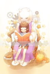 Rule 34 | 1girl, ^ ^, androgynous, bad id, bad pixiv id, blue shirt, book, brown hair, brown shorts, chair, closed eyes, closed mouth, creature, english text, closed eyes, fangs, flower, food, frisk (undertale), full body, furry, furry female, gears, highres, holding, holding book, horns, knitting needle, long sleeves, moffle (2019), needle, open book, pie, plate, shirt, shorts, sitting, sitting on lap, sitting on person, smile, socks, toriel, undertale, white background, white legwear, wooden floor, yarn, yarn ball