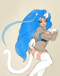 Rule 34 | 1girl, animal ears, animal hands, blue hair, breasts, cat ears, cat tail, cleavage cutout, clothing cutout, dress, felicia (vampire), from behind, giftedlion, highres, large breasts, long hair, long sleeves, short dress, tail, vampire (game), very long hair, white fur