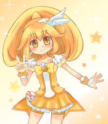 Rule 34 | 10s, 1girl, bike shorts, bike shorts under skirt, blonde hair, bow, bowtie, brooch, choker, cure peace, dress, hair flaps, highres, jewelry, kazanami haruka, kise yayoi, long hair, magical girl, precure, shiny skin, shorts, shorts under skirt, skirt, smile, smile precure!, solo, sparkle, star (symbol), starry background, v, wrist cuffs, yellow background, yellow bow, yellow bowtie, yellow dress, yellow eyes, yellow shorts, yellow skirt, yellow theme