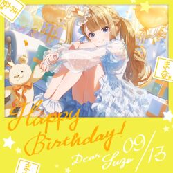 Rule 34 | 1girl, arms on knees, balloon, blonde hair, blue eyes, blush, bow, box, braid, chair, character name, closed mouth, crown, dated, dot nose, dress, dutch angle, feet out of frame, gift, gift box, hair bow, happy birthday, heart balloon, high heels, highres, holding, holding stuffed toy, idoly pride, indoors, knees to chest, legs together, light rays, long bangs, long hair, long sleeves, looking at viewer, lounge chair, mini crown, narumiya suzu, official art, own hands together, polaroid, ponytail, qp:flapper, see-through, see-through sleeves, sitting, smile, socks, solo, star (symbol), stuffed animal, stuffed toy, teddy bear, thighs, white bow, white dress, white socks, window, yellow footwear
