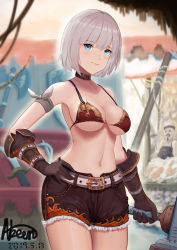 Rule 34 | 1boy, 1girl, abeen jhong, artist name, axe, bald, bare shoulders, beard, belt, blacksmith, blue eyes, breasts, brown gloves, collarbone, commentary request, dated, elbow gloves, facial hair, gloves, grey hair, hammer, highres, holding, holding hammer, large breasts, looking at viewer, navel, open fly, original, outdoors, short hair, short shorts, shorts, smile, solo focus, standing, sword, weapon, white belt