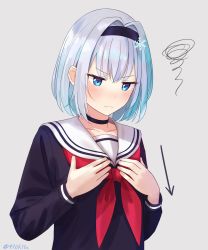 Rule 34 | &gt;:(, 10s, 1girl, 410khz, arrow (symbol), black choker, black hairband, black shirt, blue eyes, blush, breast conscious, choker, closed mouth, collarbone, commentary request, frown, grey background, hair between eyes, hairband, highres, long sleeves, looking away, looking down, neckerchief, red neckerchief, ryuuou no oshigoto!, sailor collar, school uniform, serafuku, shirt, sidelocks, silver hair, simple background, snowflakes, solo, sora ginko, squiggle, twitter username, v-shaped eyebrows, white sailor collar