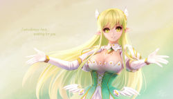 Rule 34 | 1girl, blonde hair, breasts, cleavage, corset, elbow gloves, elf, elsword, english text, gloves, grand archer (elsword), green eyes, long hair, looking at viewer, outstretched arms, pointy ears, rena erindel, riskyin, smile, solo, spread arms, upper body, white gloves