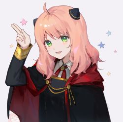 Rule 34 | 1girl, aged up, ahoge, anya (spy x family), bow, bowtie, cape, cloak, collared shirt, commentary request, dress, eden academy school uniform, green eyes, hairpods, hand up, highres, light blush, long hair, long sleeves, looking at viewer, open mouth, pink hair, rainry, red bow, red bowtie, salute, school uniform, shirt, simple background, smile, solo, spy x family, star (symbol), two-finger salute, upper body, white background, white shirt