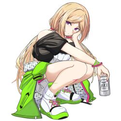 Rule 34 | 1girl, aki rosenthal, aki rosenthal (gaming casual), beer can, blonde hair, can, clothes around waist, drink can, highres, hololive, jacket, jacket around waist, long hair, low twintails, purple eyes, replikia, shoes, shorts, smile, sneakers, solo, squatting, twintails, virtual youtuber, white background, white shorts, wristband