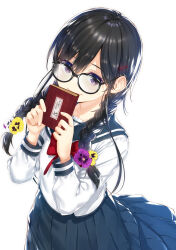 Rule 34 | 1girl, black-framed eyewear, black hair, blue sailor collar, blue skirt, book, bow, bowtie, braid, buriki, closed mouth, cover, cover page, covering own mouth, flower, glasses, hair flower, hair ornament, hairpin, hands up, highres, holding, holding book, long hair, long sleeves, looking at viewer, looking up, novel cover, novel illustration, official art, ore wo suki nano wa omae dake ka yo, pansy, pleated skirt, purple eyes, purple flower, purple pansy, red bow, red bowtie, sailor collar, sanshokuin sumireko, school uniform, serafuku, shirt, skirt, solo, twin braids, white shirt, yellow flower, yellow pansy