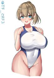 Rule 34 | 1girl, blue eyes, blue one-piece swimsuit, blush, breasts, brown hair, competition swimsuit, covered navel, cowboy shot, hair between eyes, high side ponytail, huge breasts, intrepid (kancolle), kantai collection, looking at viewer, one-piece swimsuit, open mouth, ponytail, short hair, simple background, smile, solo, swimsuit, tf cafe, twitter username, white background, white one-piece swimsuit