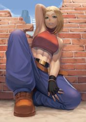 Rule 34 | 1girl, abs, arm up, armpits, bare shoulders, belt, blonde hair, blue eyes, blue mary, brick wall, building, fatal fury, fingerless gloves, gloves, grin, halterneck, halterneck, highres, knee up, looking at viewer, midriff, multiple belts, muscular, muscular female, navel, on one knee, ranma (kamenrideroz), short hair, skyscraper, smile, solo, the king of fighters