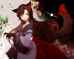 Rule 34 | 1girl, animal ears, animal hands, brooch, brown hair, character name, dress, fingernails, imaizumi kagerou, iwamoto zerogo, jewelry, long hair, long sleeves, red eyes, solo, tail, touhou, wide sleeves, wolf ears, wolf tail
