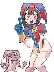 Rule 34 | 1girl, absurdres, adapted costume, between legs, blue gloves, blush stickers, brown hair, cocomayo29 (tomato), commentary, flat chest, gloves, hand between legs, hat, highres, index finger raised, jester, jester cap, knees together feet apart, looking at viewer, multicolored eyes, open mouth, pomni (the amazing digital circus), simple background, sweat, the amazing digital circus, thigh strap, white background
