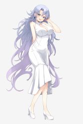 Rule 34 | 1girl, absurdres, arm behind back, blue eyes, breasts, cleavage, cleavage cutout, clothing cutout, dress, earrings, full body, hair between eyes, hand up, high heels, highres, jewelry, large breasts, long hair, open mouth, phase connect, purple hair, shisui michiru (phase connect), sleeveless, sleeveless dress, smile, solo, teeth, upper teeth only, valefal coneri, virtual youtuber, white dress, white footwear