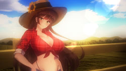 Rule 34 | 1girl, absurdres, bexsuu, blue shorts, breasts, cloud, collarbone, commentary, commission, english commentary, fence, flower, green eyes, hat, hat flower, highres, indie virtual youtuber, journey croix, large breasts, lens flare, mountainous horizon, navel, plaid, plaid shirt, red shirt, second-party source, shirt, shorts, sky, smile, solo, stomach, sun hat, sunflower, tied shirt, virtual youtuber