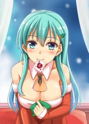 Rule 34 | 10s, 1girl, alternate costume, aqua eyes, aqua hair, ascot, blush, breasts, cleavage, commentary request, condom, condom in mouth, detached sleeves, hair between eyes, hair ornament, hairclip, kantai collection, large breasts, long hair, long sleeves, looking at viewer, mouth hold, off shoulder, ookawa wataru, santa costume, solo, suzuya (kancolle)