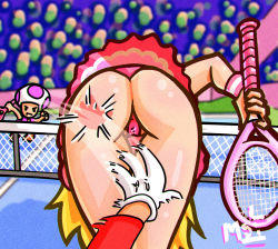 Rule 34 | 1boy, 1girl, ass, bent over, blonde hair, from behind, gloves, long hair, mario, mario (series), mario tennis, mario tennis aces, nintendo, panties, pov, princess peach, racket, shiny skin, spanked, tennis court, tennis net, tennis racket, thigh gap, thong, toad (mario), underwear, upskirt