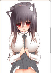 Rule 34 | 1girl, animal ears, black hair, blush, breasts, cat ears, cat girl, clothes lift, female focus, highres, looking at viewer, mia flatpaddy, navel, original, red eyes, skirt, skirt lift, solo, syroh, upper body, white background