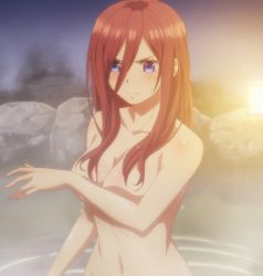 Rule 34 | 1girl, bathing, blue eyes, breasts, brown hair, cleavage, go-toubun no hanayome, highres, large breasts, long hair, nakano miku, navel, nude, onsen, partially submerged, screencap, stitched, third-party edit