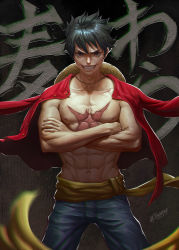Rule 34 | 1boy, abs, bare pectorals, black hair, c home, cross scar, crossed arms, denim, grin, hat, highres, jeans, large pectorals, looking at viewer, male focus, monkey d. luffy, navel, nipples, one piece, pants, pectorals, red shirt, scar, scar on chest, shirt, shirt on shoulders, short hair, smile, solo, stomach, straw hat, toned, toned male