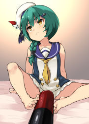Rule 34 | 1girl, aqua hair, azur lane, bare legs, barefoot, bed sheet, beret, braid, closed mouth, collarbone, dress, eyes visible through hair, facing viewer, feet, foote (azur lane), frown, gradient background, hair between eyes, hat, hat feather, long hair, looking away, neckerchief, purple sailor collar, sailor collar, sailor dress, sexually suggestive, short dress, simple background, single braid, sitting, sleeveless, sleeveless dress, solo, star (symbol), toenails, toes, torpedo, white background, white hat, yellow eyes, yellow neckerchief, youhei 64d