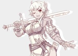 Rule 34 | 1girl, :d, ahoge, armor, breasts, cleavage, dagger, drop shadow, gloves, grey background, hair ribbon, head wings, holding, holding sword, holding weapon, itou (onsoku tassha), knife, large breasts, looking at viewer, one eye closed, open mouth, original, over shoulder, panties, pauldrons, pointy ears, ribbon, scabbard, sheath, short hair, shoulder armor, side-tie panties, sidelocks, smile, solo, standing, sword, two-handed sword, underwear, unsheathed, weapon, weapon over shoulder, wings