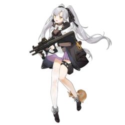 Rule 34 | 1girl, assault rifle, aug para (girls&#039; frontline), black footwear, bow, bowtie, breasts, bullpup, carbine, dress, girls&#039; frontline, gun, hair ribbon, holding, holding weapon, jacket, leg holster, long hair, looking at viewer, multicolored clothes, multicolored dress, multicolored jacket, open mouth, pistol-caliber carbine, pouch, ribbon, rifle, shoes, silver hair, single thighhigh, smile, smile (mm-l), solo, squirrel, steyr aug, thigh pouch, thighhighs, transparent background, twintails, weapon, white background, white bow, white bowtie, white thighhighs, yellow eyes