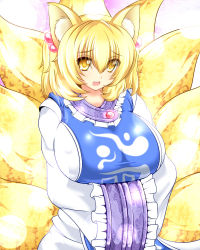 Rule 34 | 1girl, alternate hairstyle, animal ears, bad id, bad pixiv id, blonde hair, breasts, female focus, fox ears, fox tail, hair bobbles, hair ornament, hands in opposite sleeves, huge breasts, large breasts, multiple tails, no headwear, no headwear, open mouth, solo, syroh, tail, touhou, twintails, yakumo ran, yellow eyes
